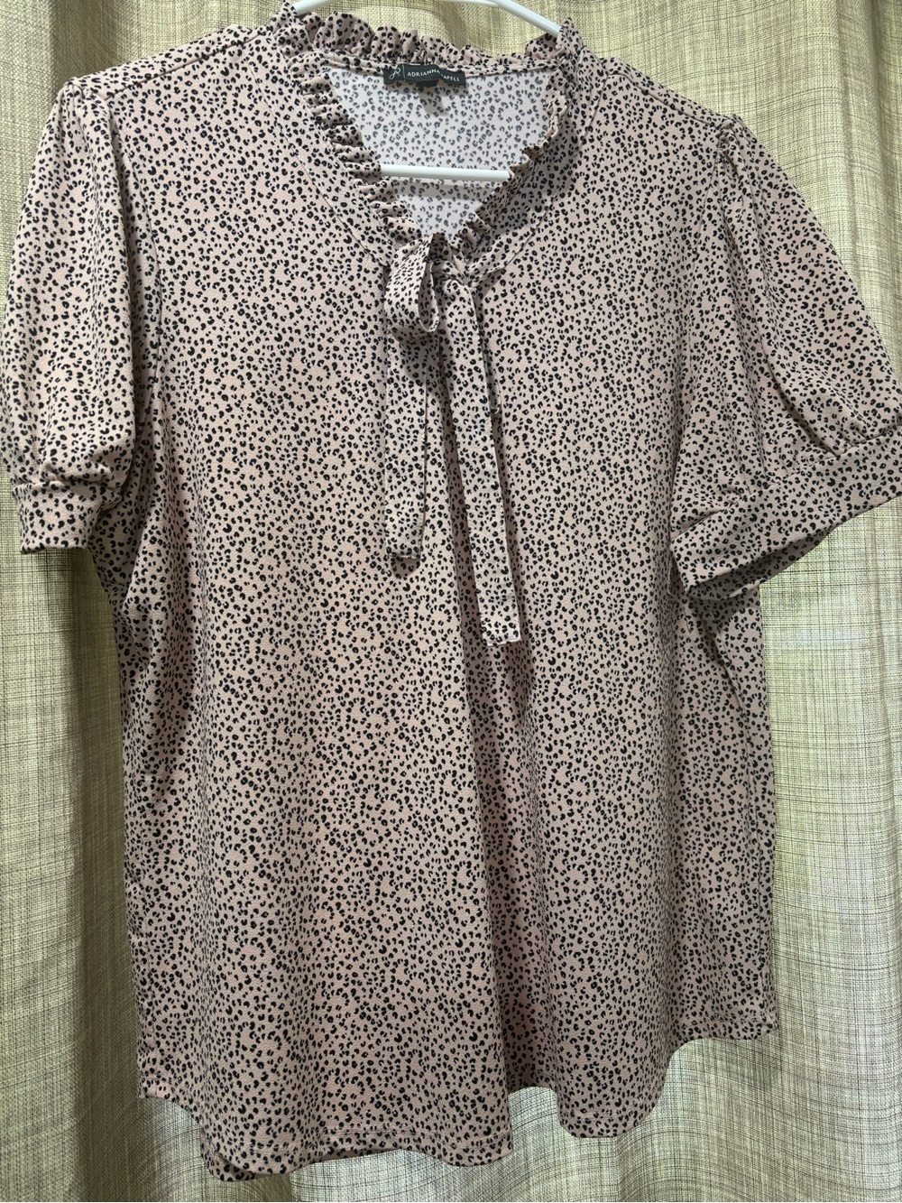 Adrianna Papell Dusty Pink Tie-Neck Short Sleeve Blouse with Black Dot Print